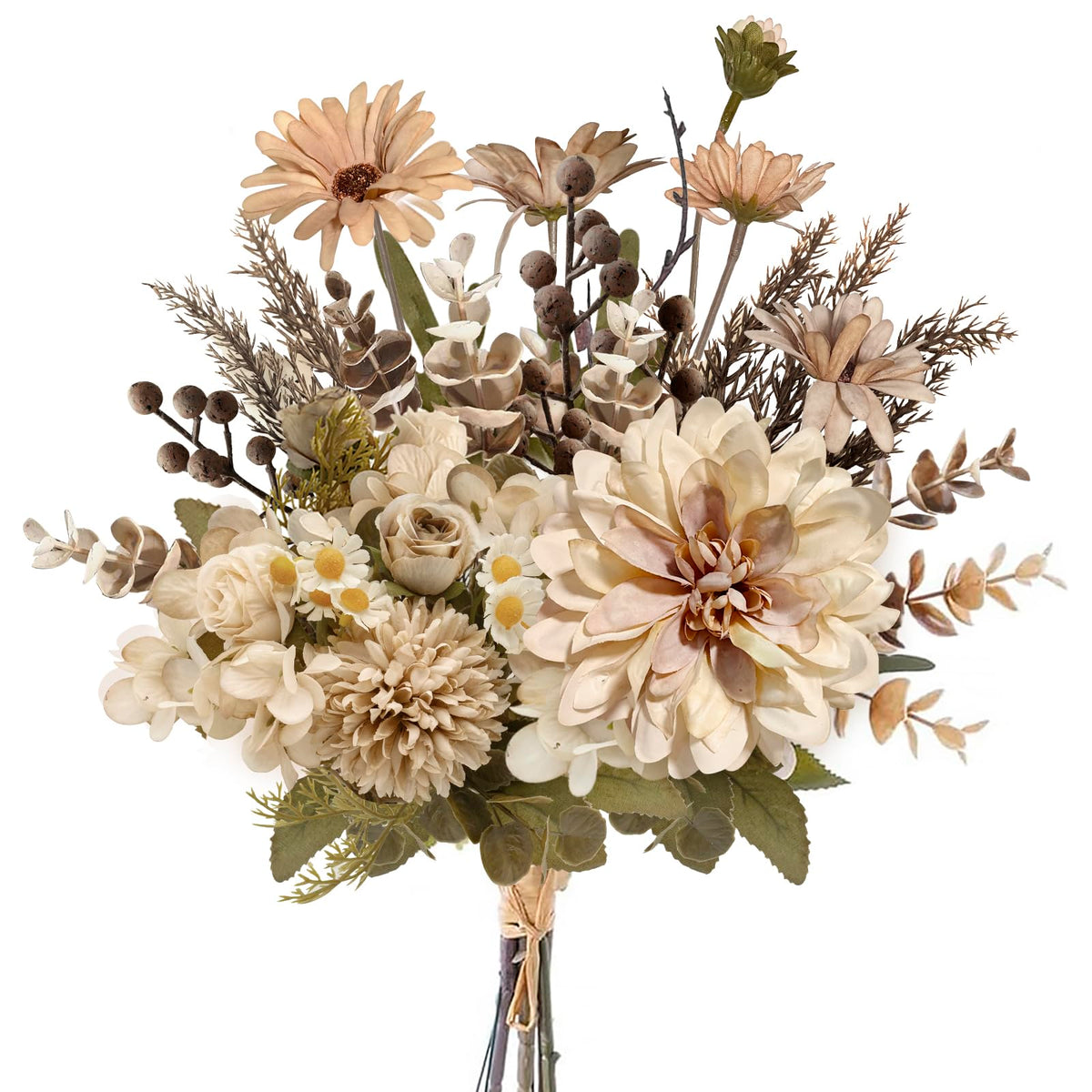 12-inch Small Fake Silk Flowers Fall Bouquet Faux Centerpieces with Roses, Dandelions, Hydrangea, Daisies, Hollyberries - Realistic Artificial Floral Arrangements for Home Kitchen Decor