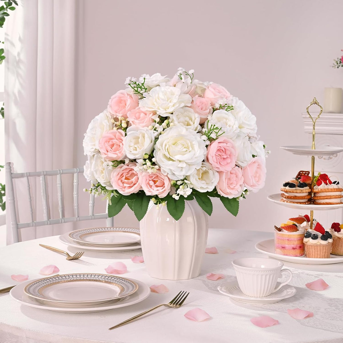 Yastouay 4 Bouquets Peonies Artificial Flowers, Mixed Pink & White