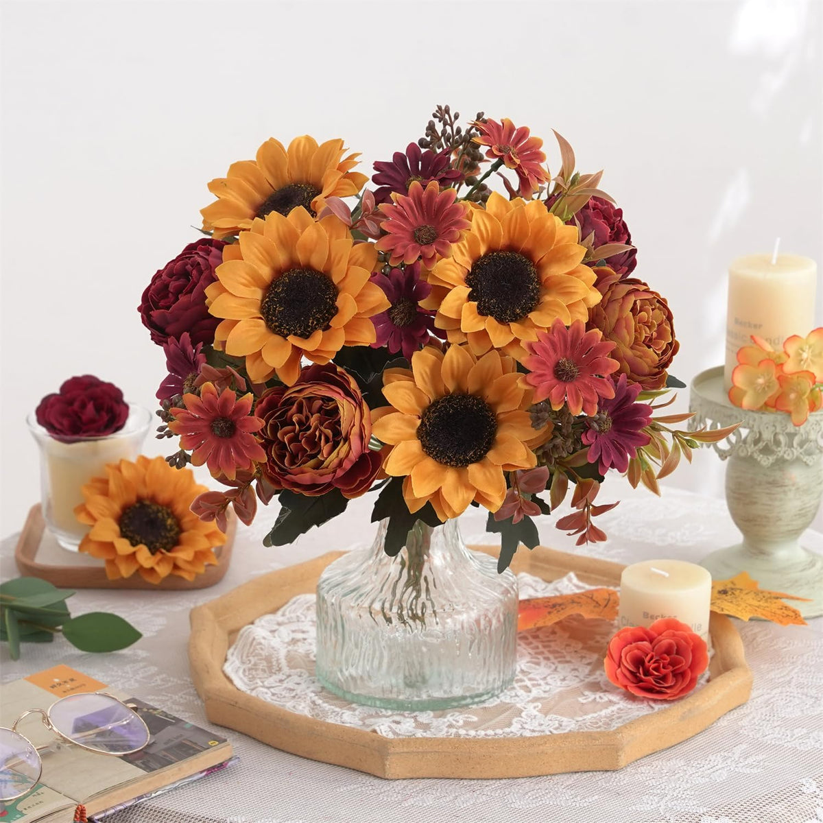 2 Pcs Fall Artificial Sunflower Peony Bouquet, Yellow Burgundy Silk Faux Flower, Autumn Faux Floral Arrangements for Wedding Table Centerpiece DIY Thanksgiving Farmhouse Indoor Outdoor Party Decor