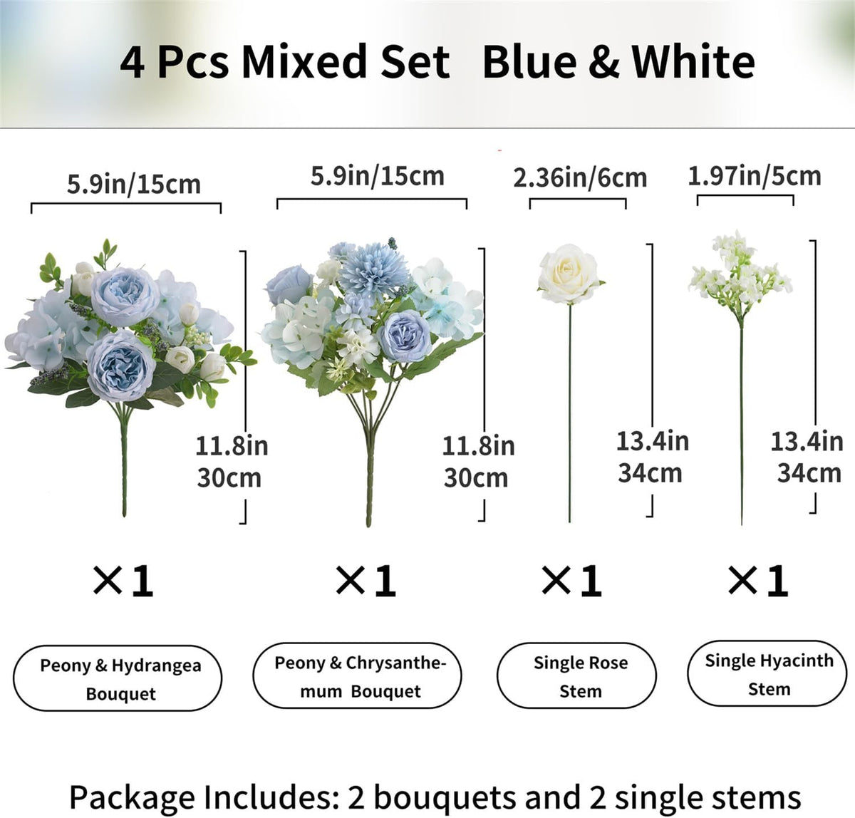 4 Pcs Mixed Artificial Peony Flowers Set-2 Bouquets & 2 Stems, Blue Fake Peony Rose Hydrangea Flowers for Vase Silk Floral Arrangements for Table Centerpiece Wedding Party Bridal Decoration Home Decor