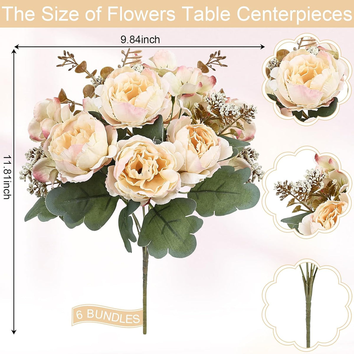 6 Bundles Champagne Peonies Artificial Flowers for DIY