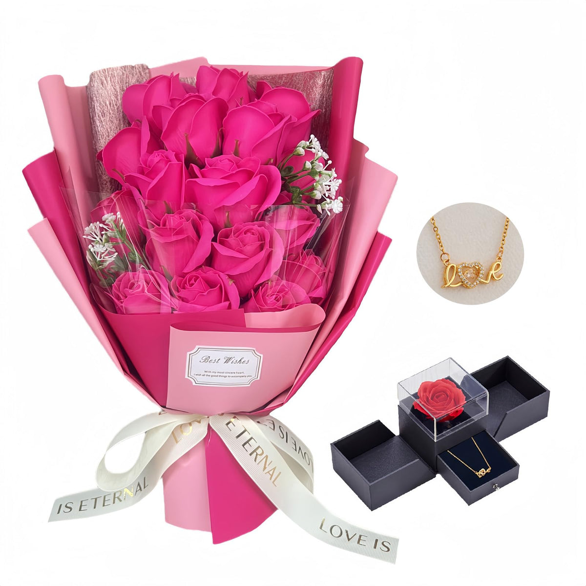 EIGHTOWN Roses Bouquet Artificial Flower - Preserved Red Rose Flowers with Love Necklace for Her - Unique Gifts Valentine's Day, Mother's Day, Thanksgiving, Birthday, Anniversary
