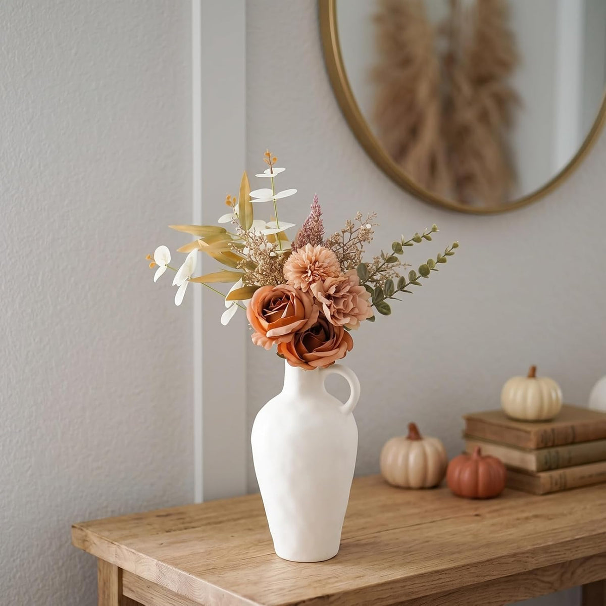 Artificial Flowers Bouquet - Faux Silk Flowers Centerpiece, Realistic Fake Flowers Plants for Home Decor Dining Table, Indoor Vase, Wedding Bouquet Arrangements (Orange)