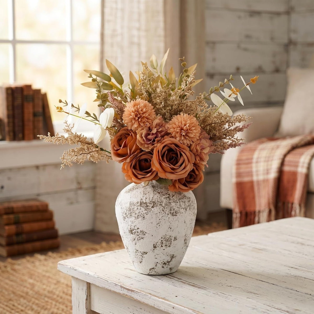 Artificial Flowers Bouquet - Faux Silk Flowers Centerpiece, Realistic Fake Flowers Plants for Home Decor Dining Table, Indoor Vase, Wedding Bouquet Arrangements (Orange)