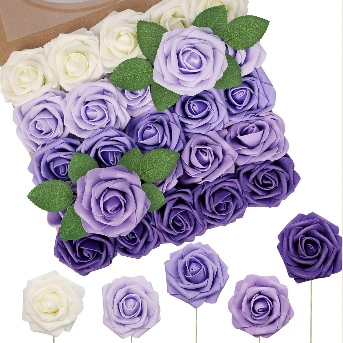 N&T NIETING Artificial Flowers 25Pcs Real Touch Fake Roses Foam Flowers with Stems for DIY Wedding Bridesmaid Bridal Bouquets Centerpieces Home Arrangement Party Tables Decoration,Series Purple