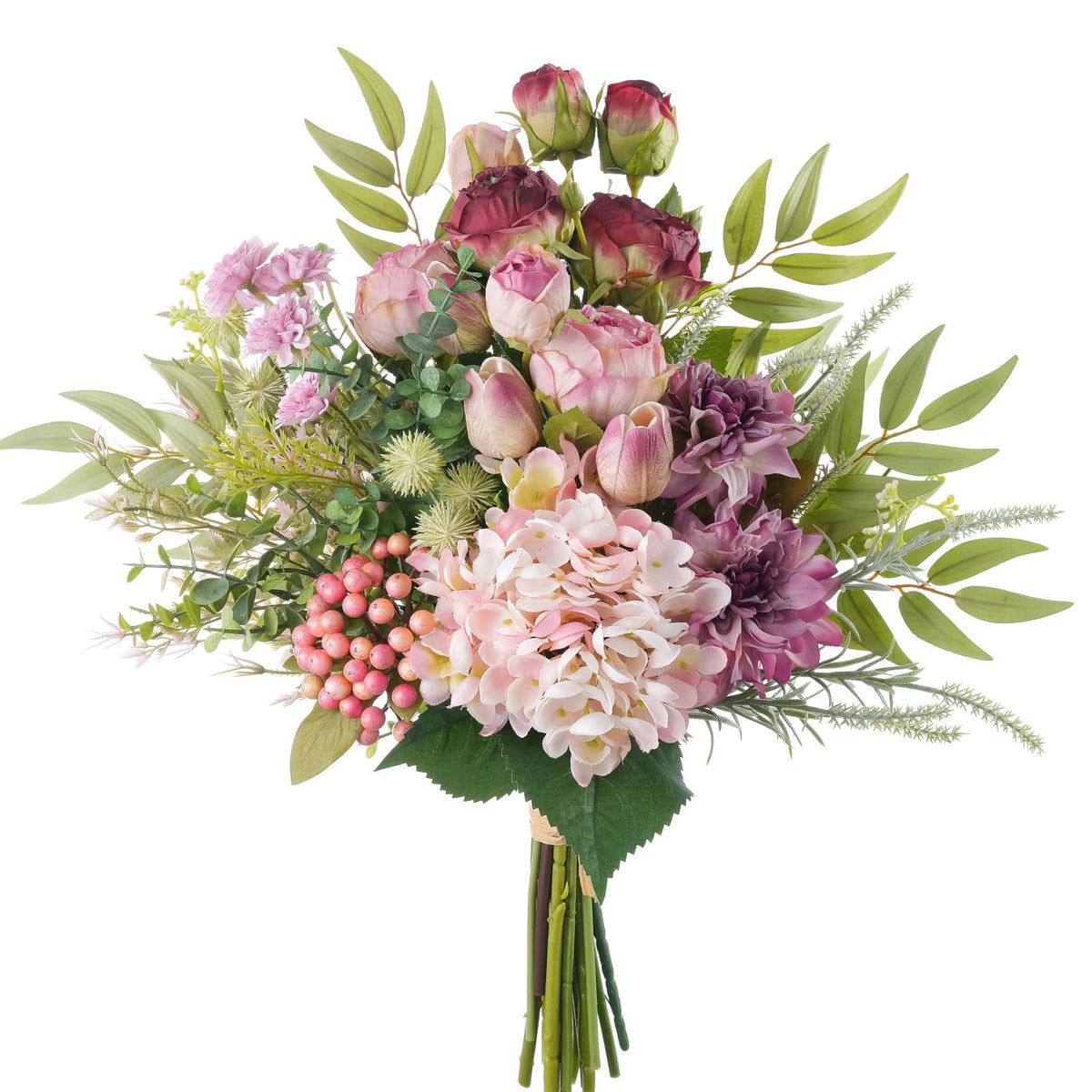 12-inch Small Fake Silk Flowers Fall Bouquet Faux Centerpieces with Roses, Dandelions, Hydrangea, Daisies, Hollyberries - Realistic Artificial Floral Arrangements for Home Kitchen Decor