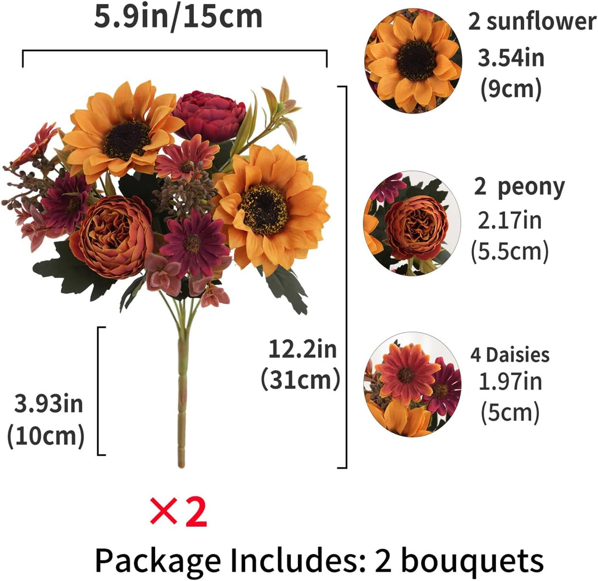 2 Pcs Fall Artificial Sunflower Peony Bouquet, Yellow Burgundy Silk Faux Flower, Autumn Faux Floral Arrangements for Wedding Table Centerpiece DIY Thanksgiving Farmhouse Indoor Outdoor Party Decor