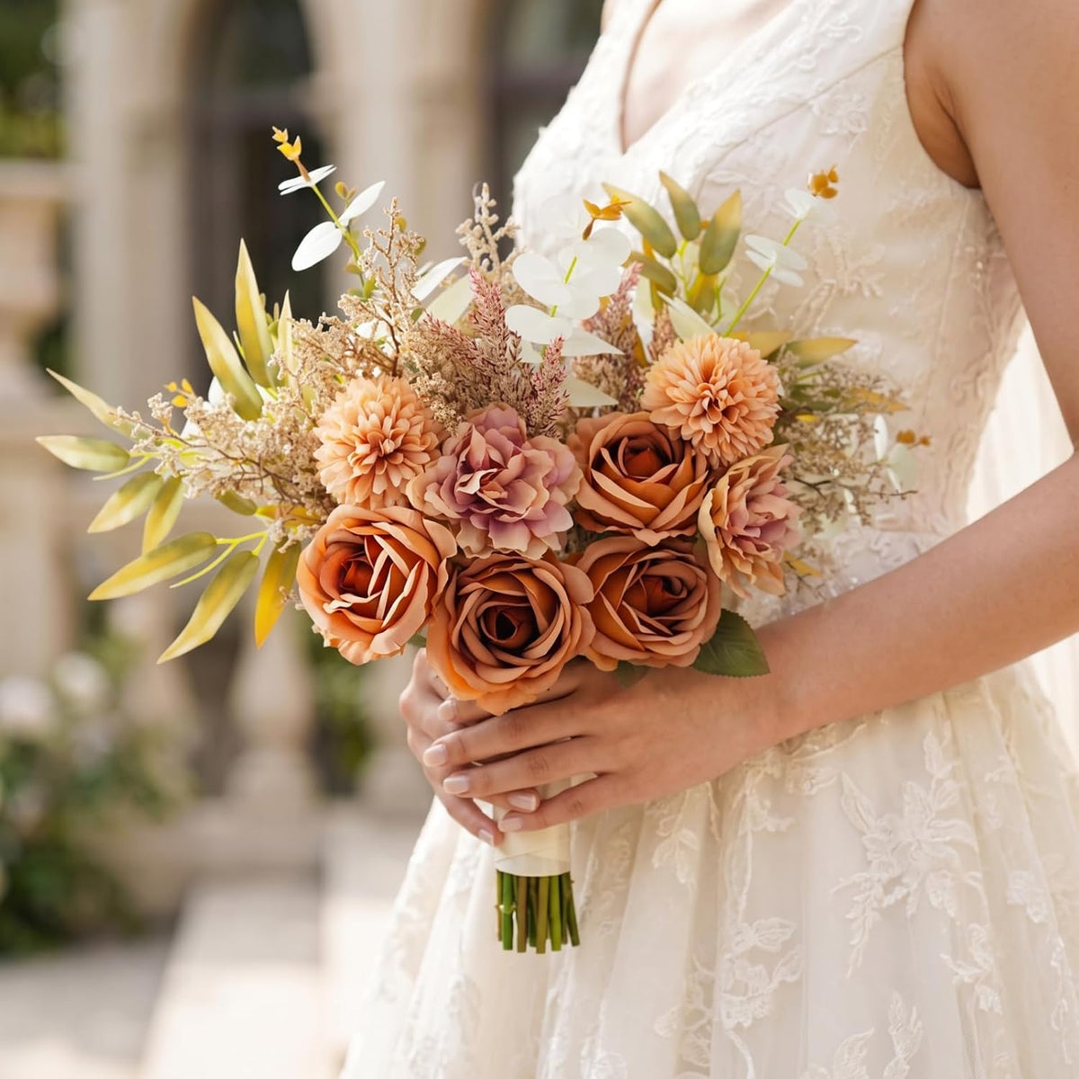 Artificial Flowers Bouquet - Faux Silk Flowers Centerpiece, Realistic Fake Flowers Plants for Home Decor Dining Table, Indoor Vase, Wedding Bouquet Arrangements (Orange)