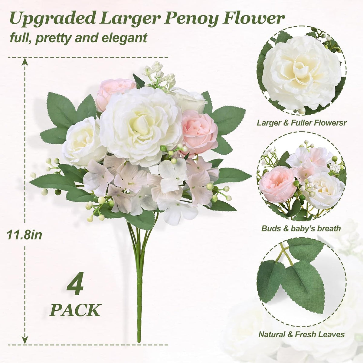 Yastouay 4 Bouquets Peonies Artificial Flowers, Mixed Pink & White