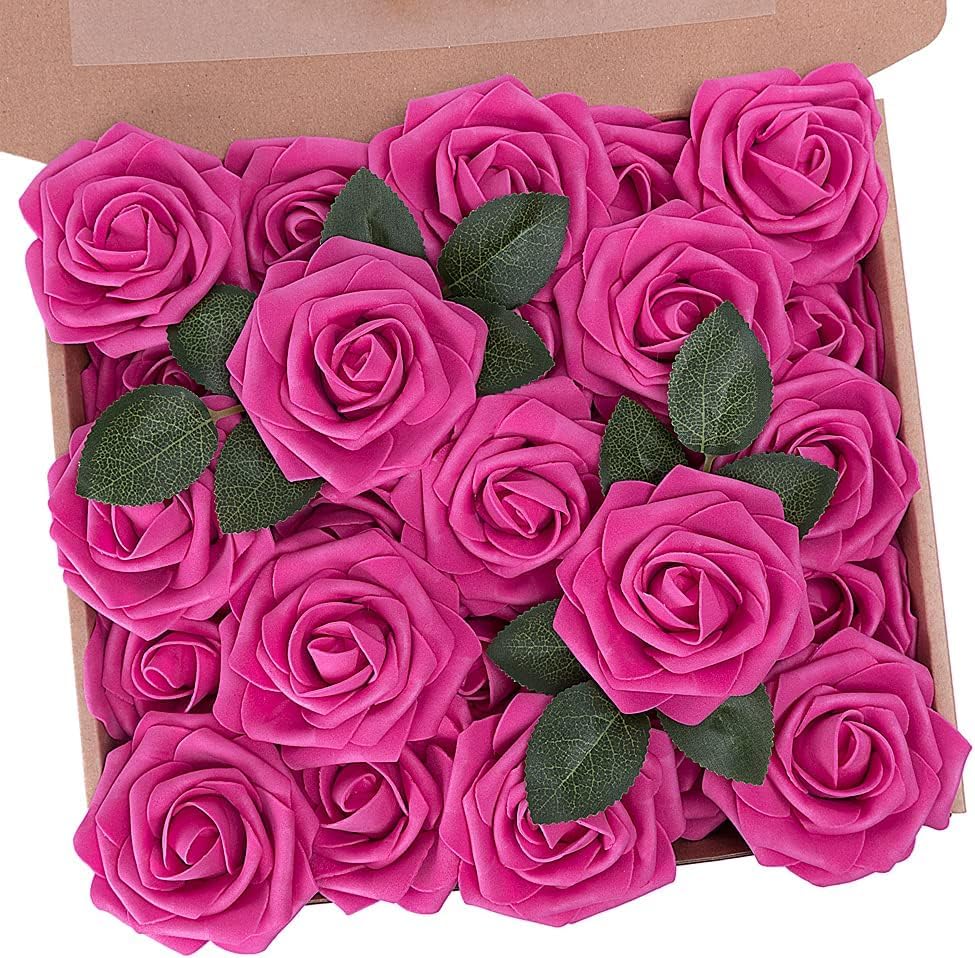 N&T NIETING Artificial Flowers 25Pcs Real Touch Fake Roses Foam Flowers with Stems for DIY Wedding Bridesmaid Bridal Bouquets Centerpieces Home Arrangement Party Tables Decoration,Series Purple