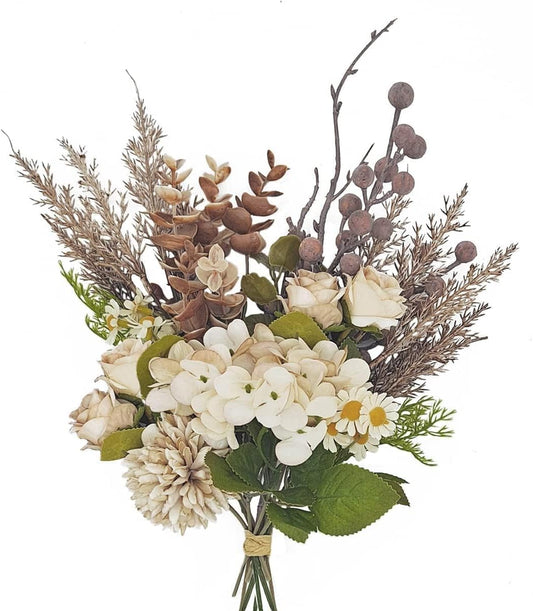 12-inch Small Fake Silk Flowers Fall Bouquet Faux Centerpieces with Roses, Dandelions, Hydrangea, Daisies, Hollyberries - Realistic Artificial Floral Arrangements for Home Kitchen Decor