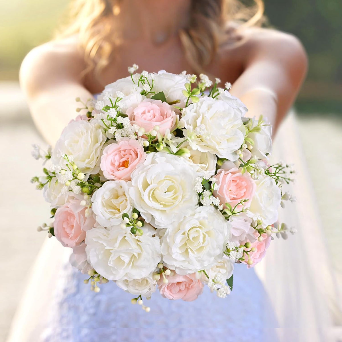 Yastouay 4 Bouquets Peonies Artificial Flowers, Mixed Pink & White