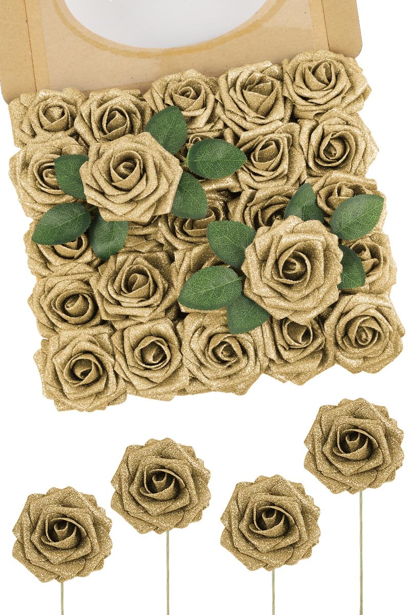 N&T NIETING Artificial Flowers 25Pcs Real Touch Fake Roses Foam Flowers with Stems for DIY Wedding Bridesmaid Bridal Bouquets Centerpieces Home Arrangement Party Tables Decoration,Series Purple