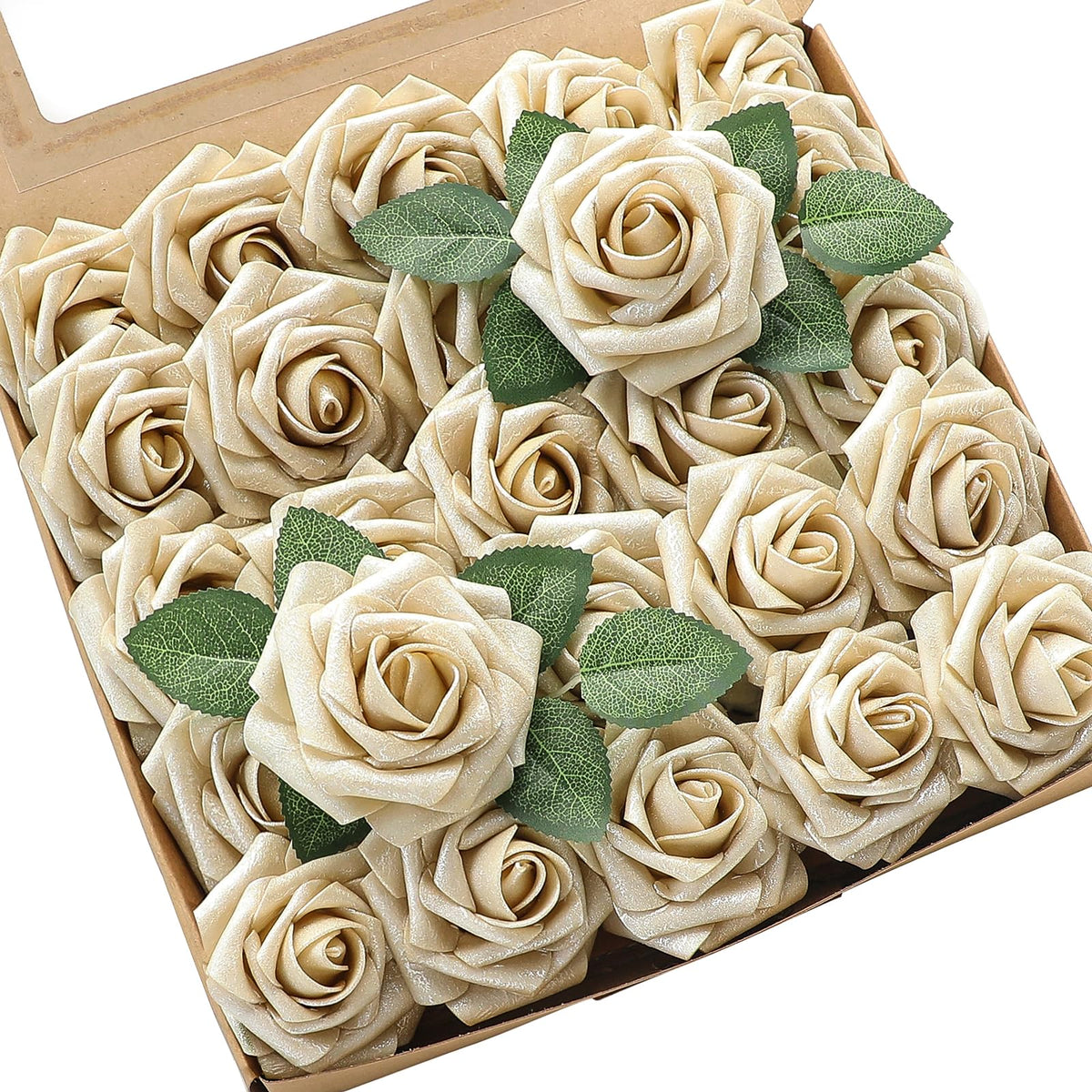Floroom Artificial Flowers 25pcs Real Looking Ivory Foam Fake Roses with Stems for DIY Wedding Bouquets White Bridal Shower Centerpieces Arrangements Party Tables Decorations