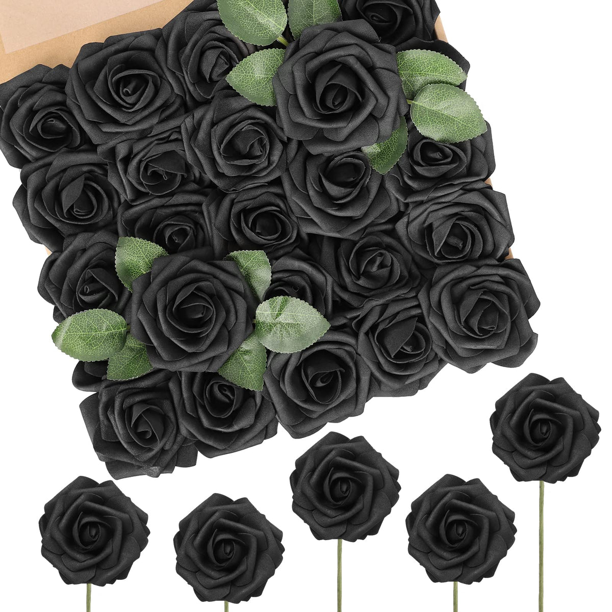 N&T NIETING Artificial Flowers 25Pcs Real Touch Fake Roses Foam Flowers with Stems for DIY Wedding Bridesmaid Bridal Bouquets Centerpieces Home Arrangement Party Tables Decoration,Series Purple