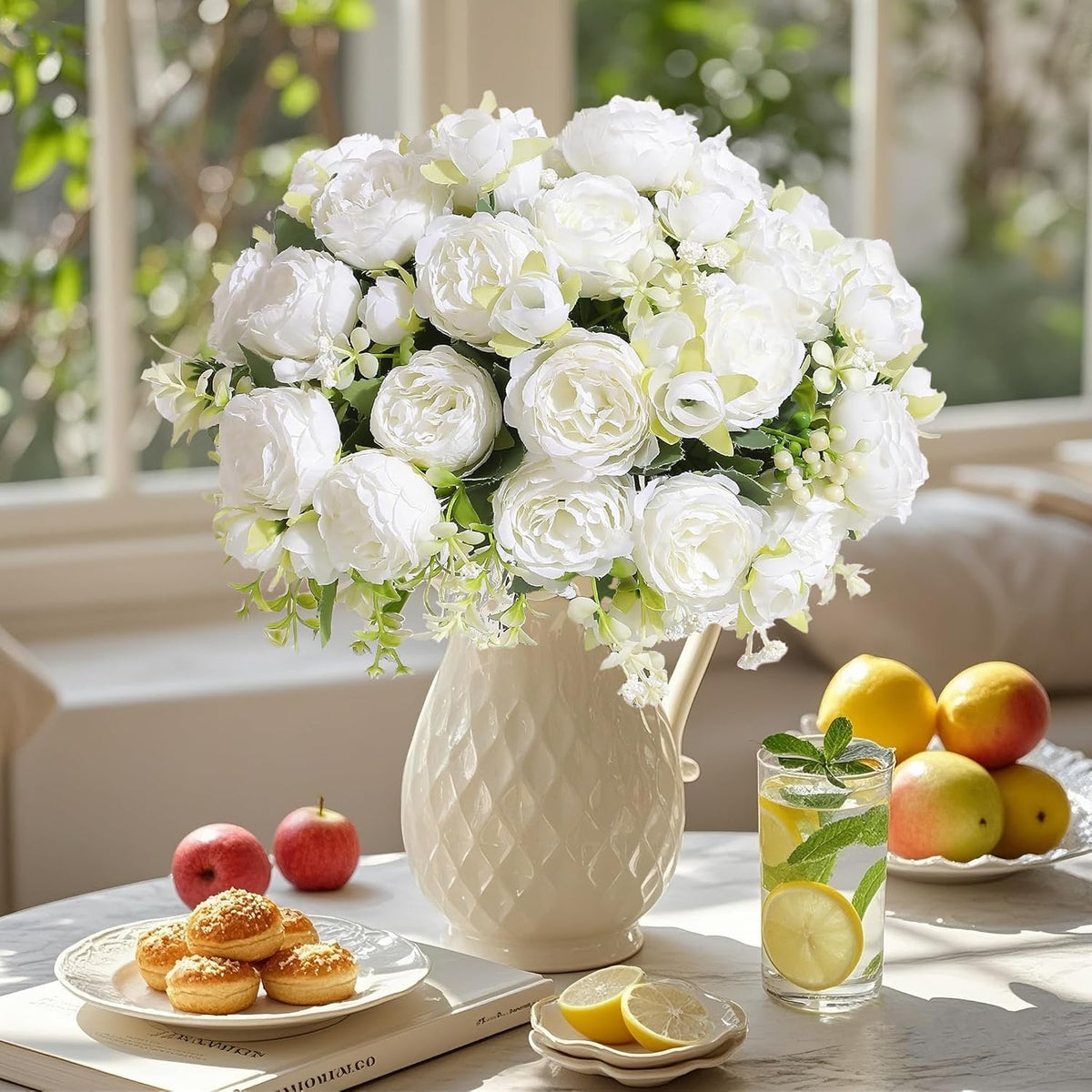 Peonies Artificial Flowers Bouquet, Lifelike Silk Fake Peonies with Stems for Home Table Centerpieces, Wedding, Party & DIY Bridal Floral Arrangements (12, White)