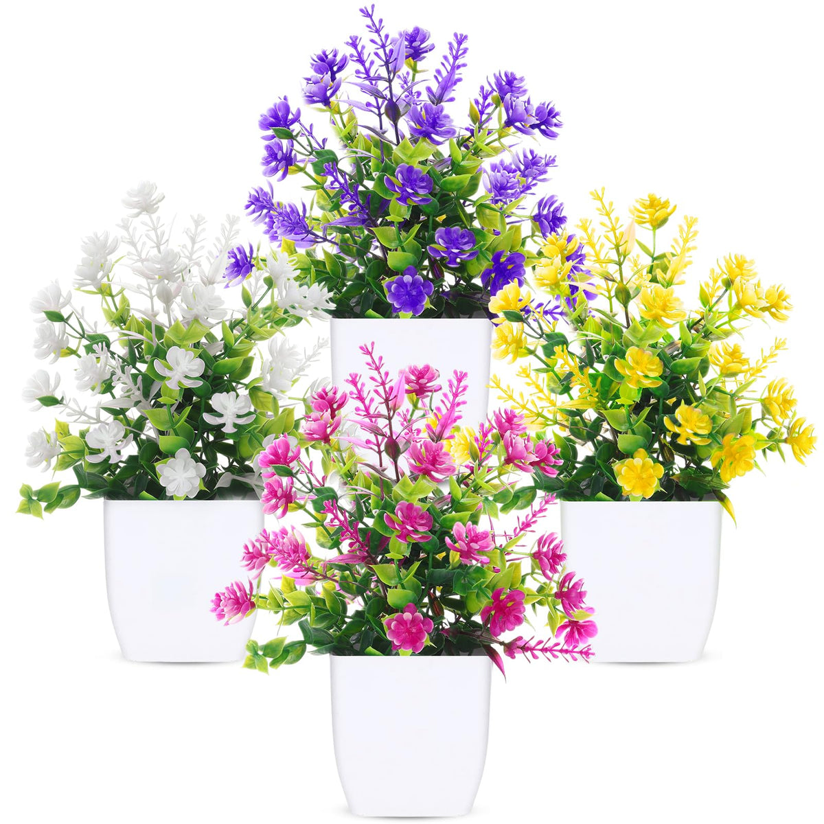 CEWOR Fake Plants 4 Packs Small Artificial Greenery Mini White Potted Plants Bathroom Accessories Decorations for Desk Bathroom Office Home Room Kitchen Table Indoor