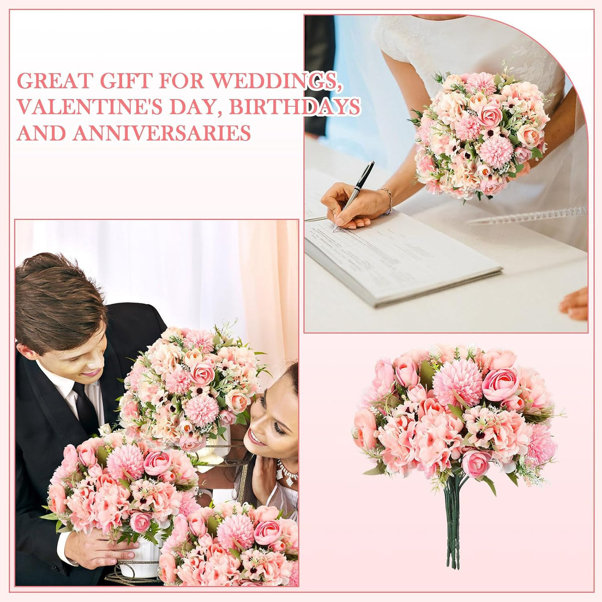 Tigeen 12 Bundles Peonies Artificial Flowers Faux Roses, Pink