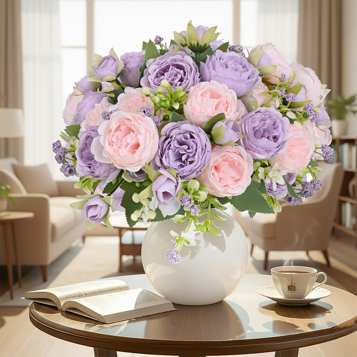 Peonies Artificial Flowers Bouquet, Lifelike Silk Fake Peonies with Stems for Home Table Centerpieces, Wedding, Party & DIY Bridal Floral Arrangements (12, White)