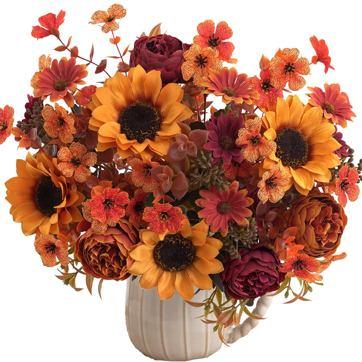 2 Pcs Fall Artificial Sunflower Peony Bouquet, Yellow Burgundy Silk Faux Flower, Autumn Faux Floral Arrangements for Wedding Table Centerpiece DIY Thanksgiving Farmhouse Indoor Outdoor Party Decor