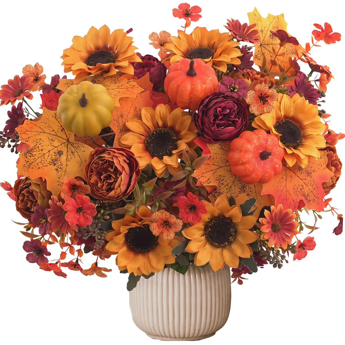 2 Pcs Fall Artificial Sunflower Peony Bouquet, Yellow Burgundy Silk Faux Flower, Autumn Faux Floral Arrangements for Wedding Table Centerpiece DIY Thanksgiving Farmhouse Indoor Outdoor Party Decor
