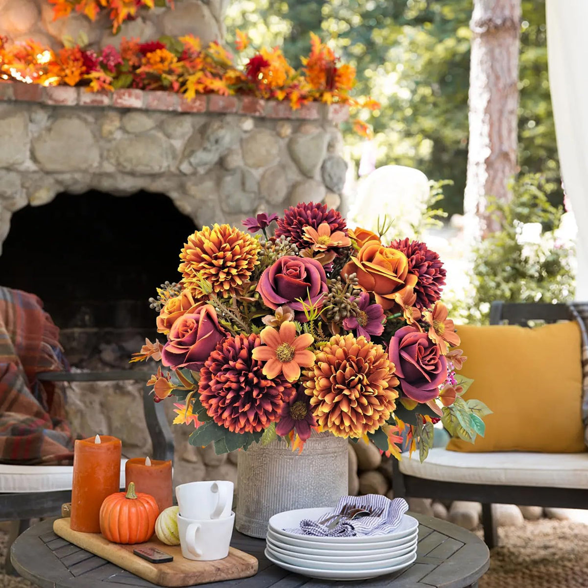 3 Pcs Fall Flowers Artificial Mums Silk Chrysanthemum Rose Daisy Bouquet Fake Mum Faux Floral Arrangements Home Indoor Outdoor Planter Decor Party Wedding Table Autumn Decoration