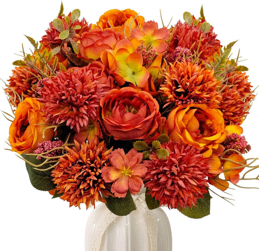 2 Bundles Fall Artificial Flowers Bouquet Fake Peony Silk Chrysanthemums Autumn Faux Floral Arrangements for Home Decor Indoor Kitchen Table Centerpieces Vase Decoration (2, Burnt Orange)