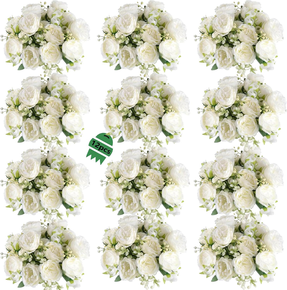 Peonies Artificial Flowers Bouquet, Lifelike Silk Fake Peonies with Stems for Home Table Centerpieces, Wedding, Party & DIY Bridal Floral Arrangements (12, White)