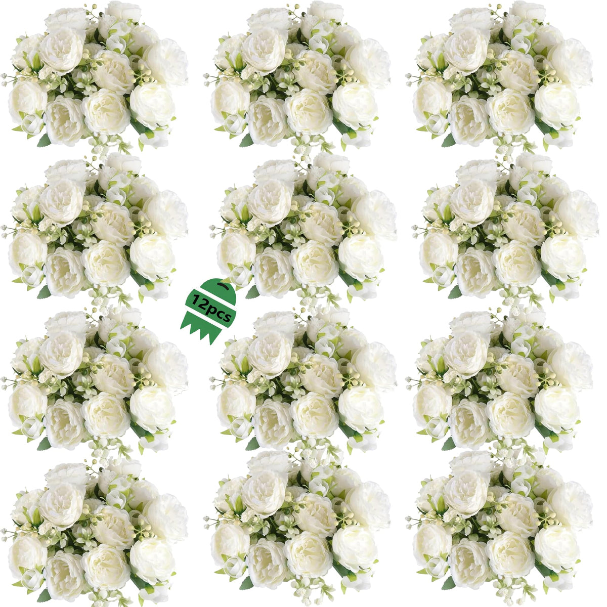 Peonies Artificial Flowers Bouquet, Lifelike Silk Fake Peonies with Stems for Home Table Centerpieces, Wedding, Party & DIY Bridal Floral Arrangements (12, White)