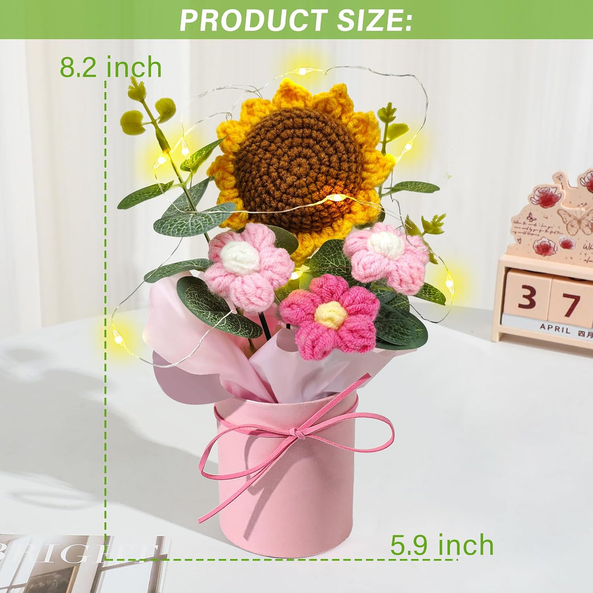 Vynora Crochet Daisy Flowers Bouquet, Valentine's Day Handmade Daisy Artificial Flowers with Card for Mother's Day, Birthday, Wedding, Home Decor, Teacher's Day, Grandma Bday Gift (Yellow-1)