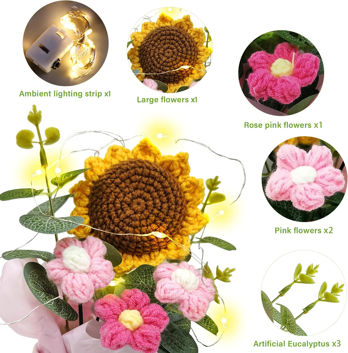 Vynora Crochet Daisy Flowers Bouquet, Valentine's Day Handmade Daisy Artificial Flowers with Card for Mother's Day, Birthday, Wedding, Home Decor, Teacher's Day, Grandma Bday Gift (Yellow-1)
