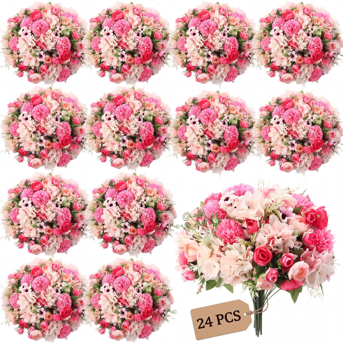 Tigeen 12 Bundles Peonies Artificial Flowers Faux Roses, Pink