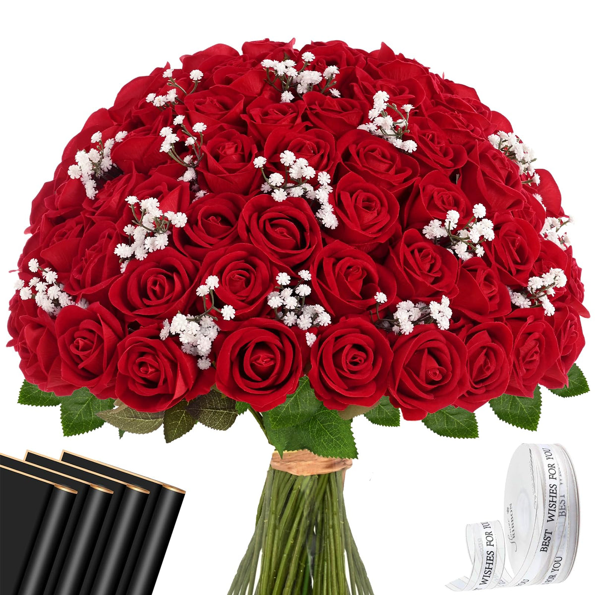 Waipfaru 50 Pcs Red Roses Artificial Flowers