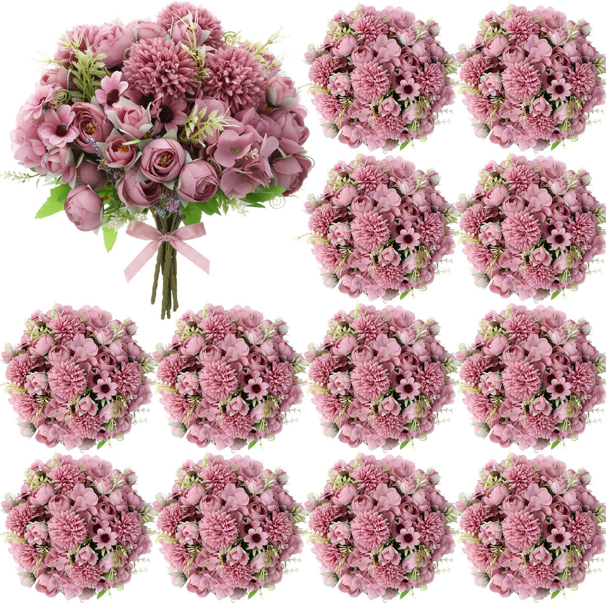 Tigeen 12 Bundles Peonies Artificial Flowers Faux Roses, Pink