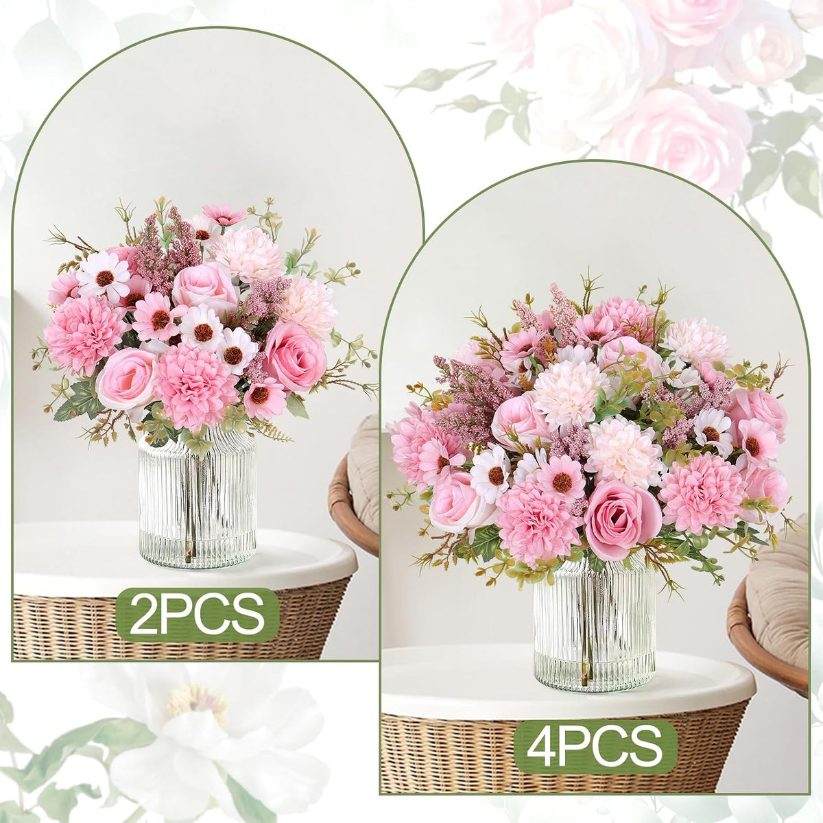 Dremisland Artificial Flowers Pink Silk Flower Bouquet 2 Packs Silk Roses