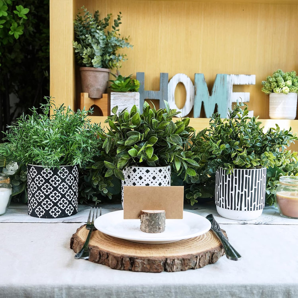 Winlyn 3-Pack Artificial Potted Plants - Faux Eucalyptus, Rosemary, Boxwood Greenery in Small Black & White Geometric Concrete Pots -Desk, Table, Shelf, Windowsill Decor for Indoor Outdoor Home Office