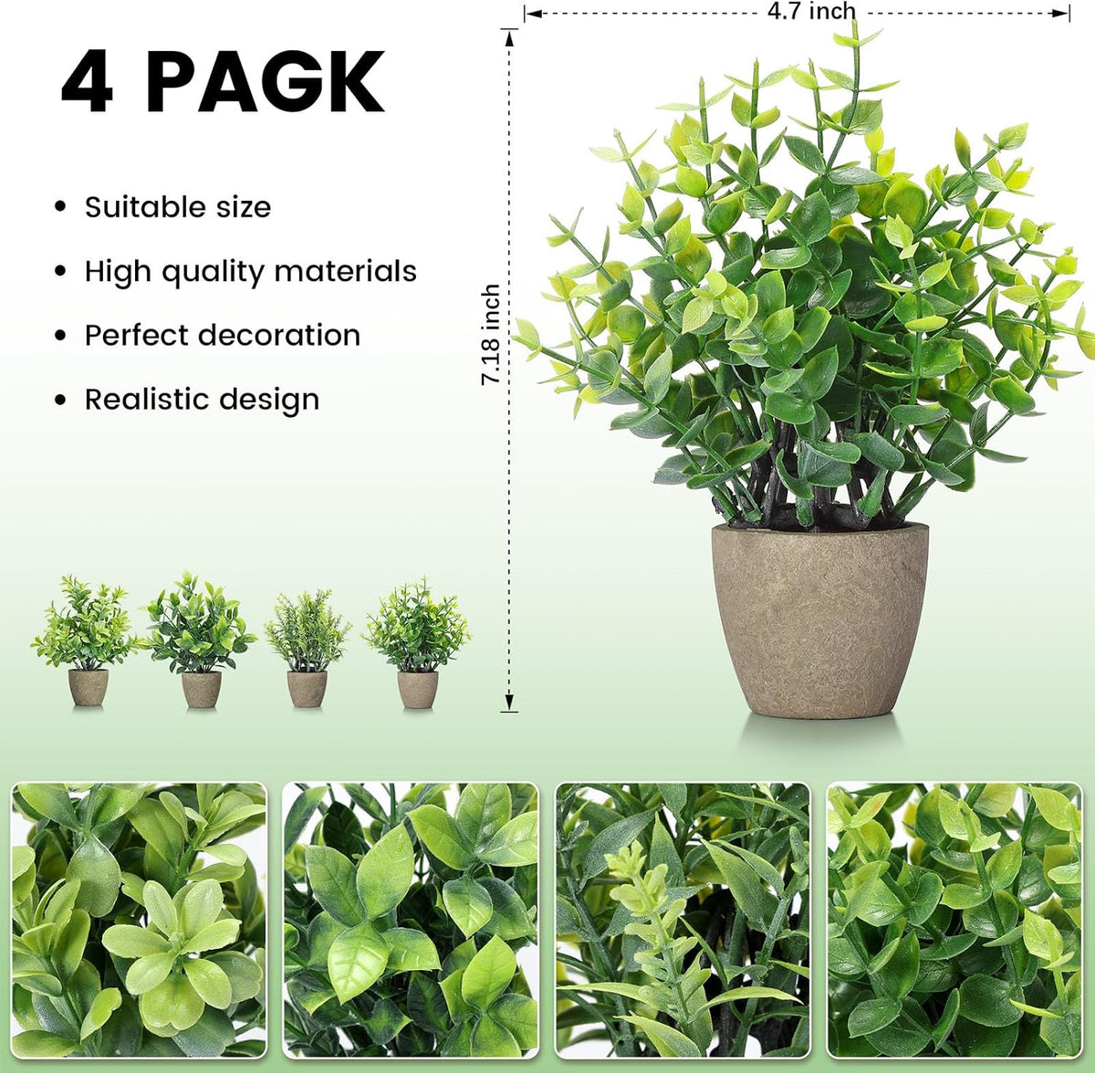 4 Pack Fake Plants Mini Artificial Greenery Potted Plants Bathroom Decor