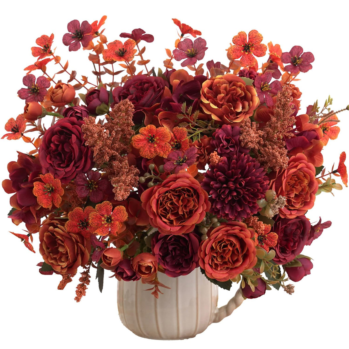 2 Pcs Fall Artificial Peony Hydrangea Bouquet, Burnt Orange Red Silk Faux Flower, Autumn Faux Floral Arrangements for Wedding Table Centerpiece Thanksgiving Halloween Farmhouse Indoor Outdoor Decor