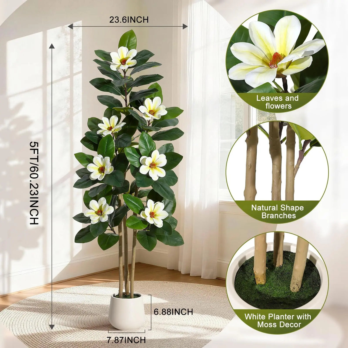 5FT Tall Fiddle Leaf Fig Tree Artificial Plant with Magnolia Flowers in White Planter, Large Faux Rubber Tree Floor Plant for Home, Office, Living Room Decor