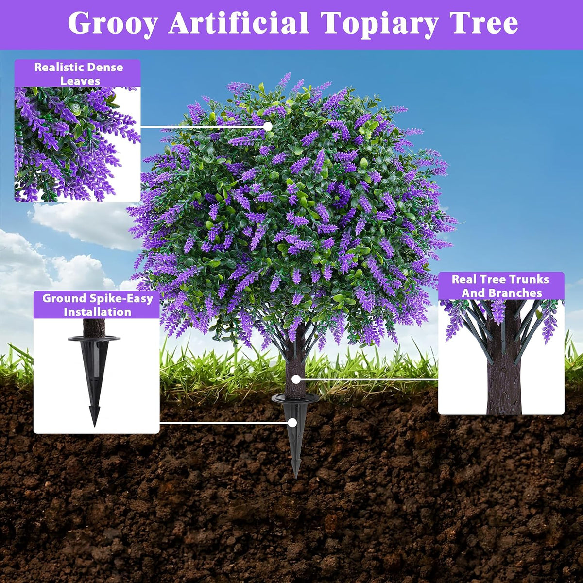 Grooy Artificial Set of 2 UV Resistant Boxwood Topiary Ball with Lavender