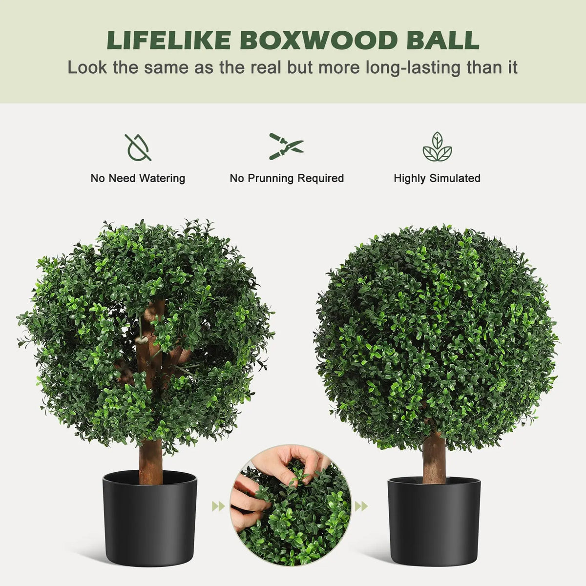 24 in Artificial Topiary Boxwood Ball Trees, Set of 2 UV Resistant Plants,Faux Boxwood with 6 in x5 in Pots for Front Porch, Indoor Walkway, Entryway Decorating