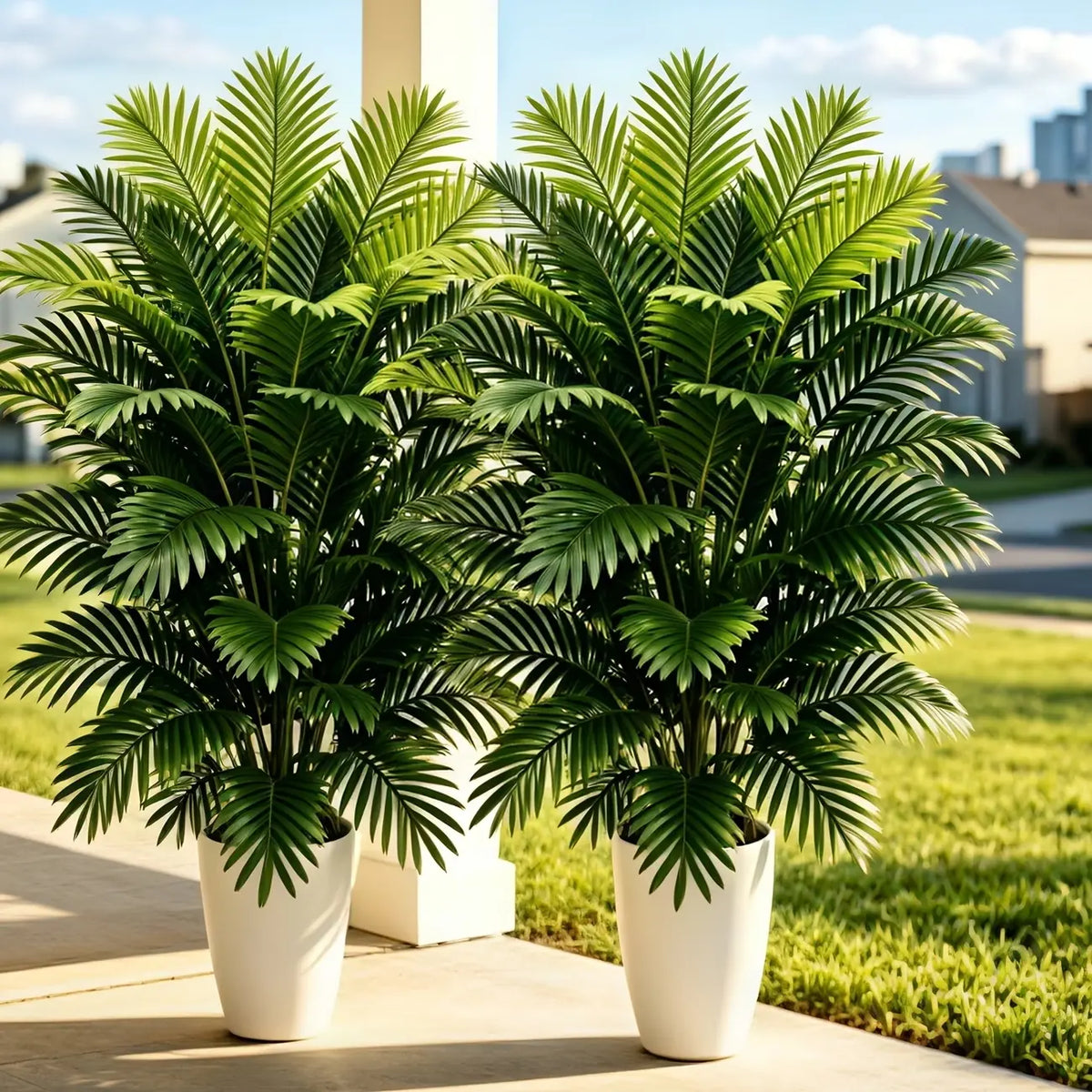2-Pack Artificial Faux Greenery Areca Palm Trees, 35.43in Lifelike Potted Tropical Plants, Waterproof Plastic Low-Maintenance Decor, Pouch Packed 2-Piece Set for Living Room, Office
