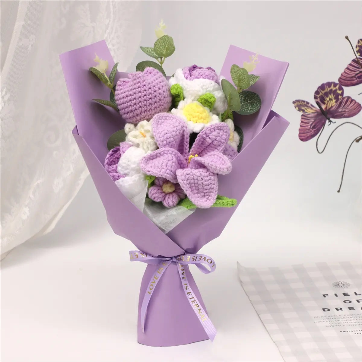 Handmade Crochet Artificial Decorative Flower Bouquet, Featuring Rose and Tulip, Ideal for Weddings, Birthdays, Mother's Day, Graduation, Valentine's Day, Father's Day Gifts, Crochet Artificial Flowers, Artificial Flower Decorations