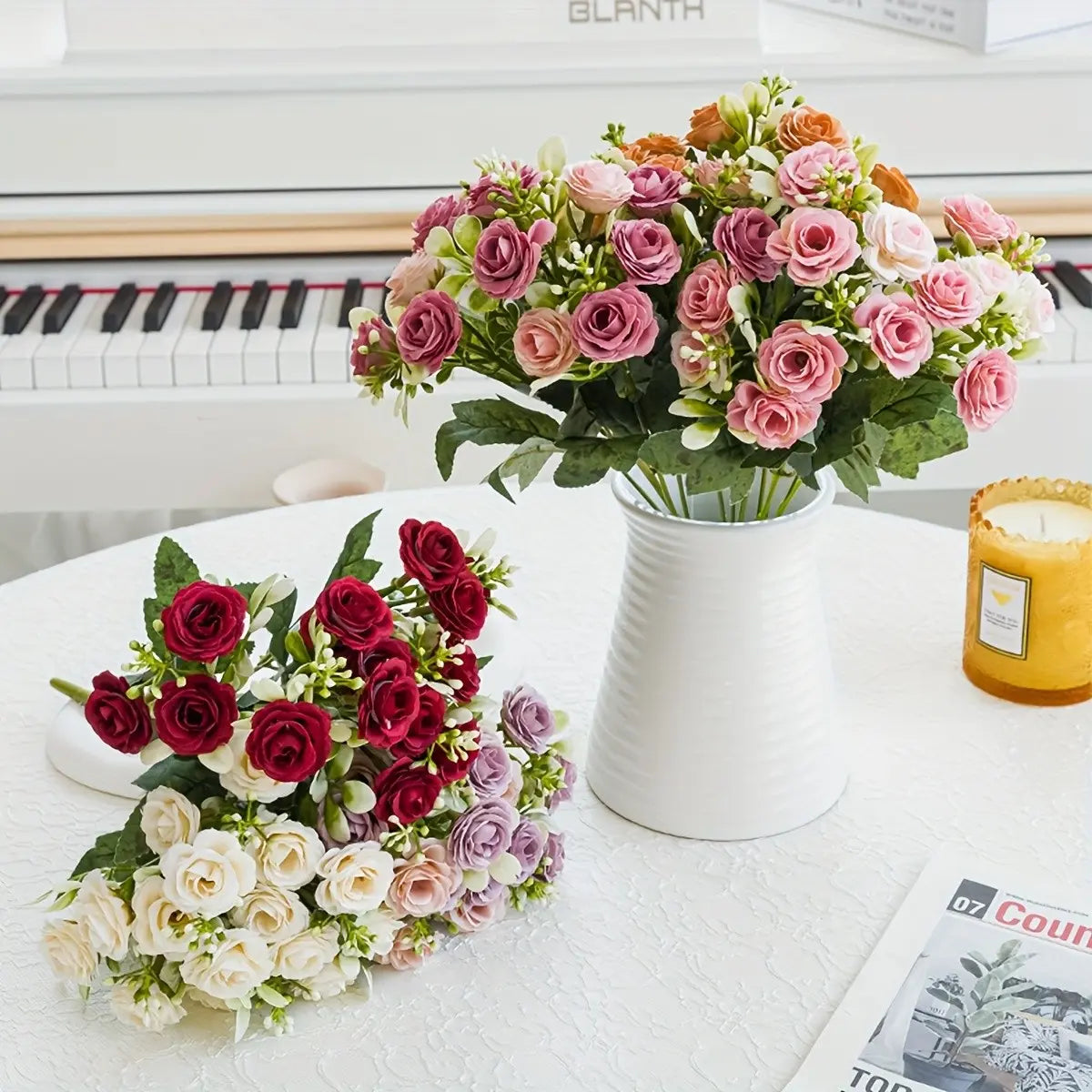 4pc Artificial Mini Rose Bouquet - Vibrant, Lifelike Artificial Flower, Realistic Faux Flowers with Lush Greenery for Home, Garden, Weddings & Special Events - Perfect for Valentine's, Thanksgiving, Mother's Day Decor